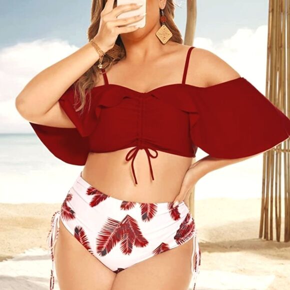 Plus Size Colorblock Tropical Print Drawstring Bikini Set sz 3X - Picture 2 of 10